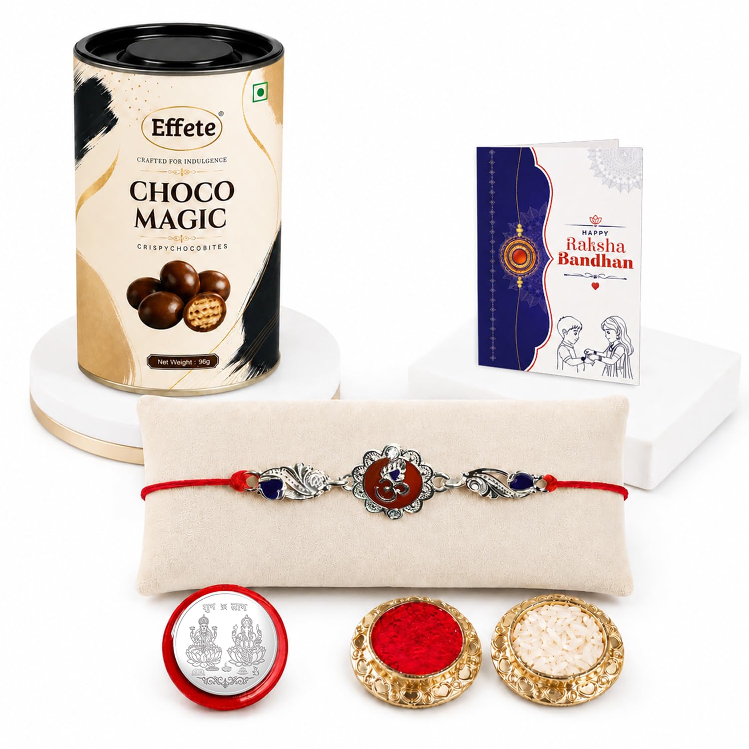 Multicolor Om Rakhi & Chocolate Magic 96gm with Roli Chawal, Silver Color Pooja Coin & Greeting Card, Fancy Rakhis for men stylish, Rakshbandhan Combo, Pack of 5 For Raksha Bandhan