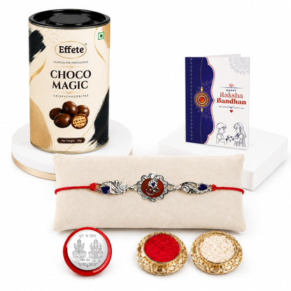 Multicolor Om Rakhi & Chocolate Magic 96gm with Roli Chawal, Silver Color Pooja Coin & Greeting Card, Fancy Rakhis for men stylish, Rakshbandhan Combo, Pack of 5 For Raksha Bandhan