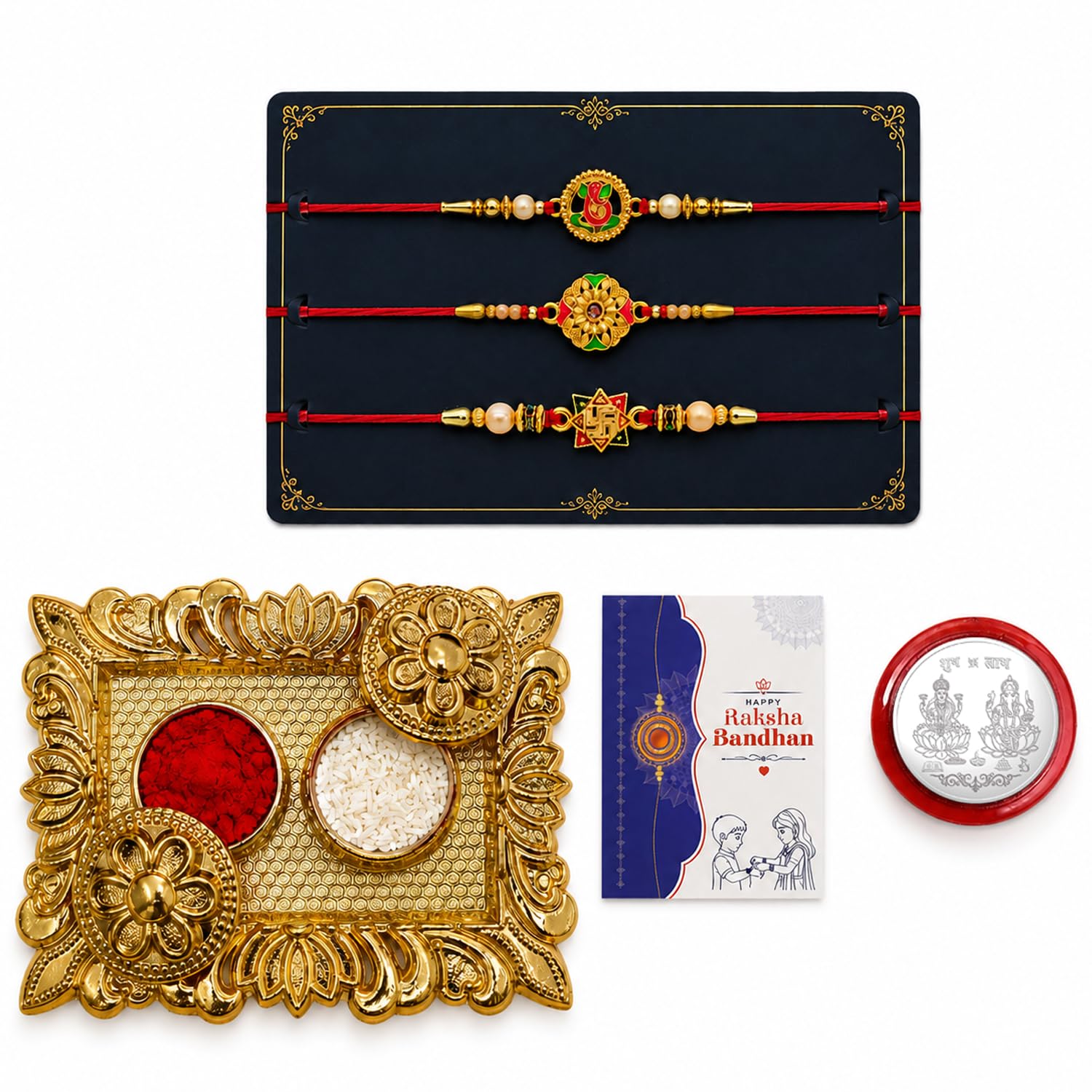 Rakhi for Brother with Rectangular Pooja Thali - Raksha Bandhan Gift, Pack of 7