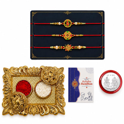 Rakhi for Brother with Rectangular Pooja Thali - Raksha Bandhan Gift, Pack of 7