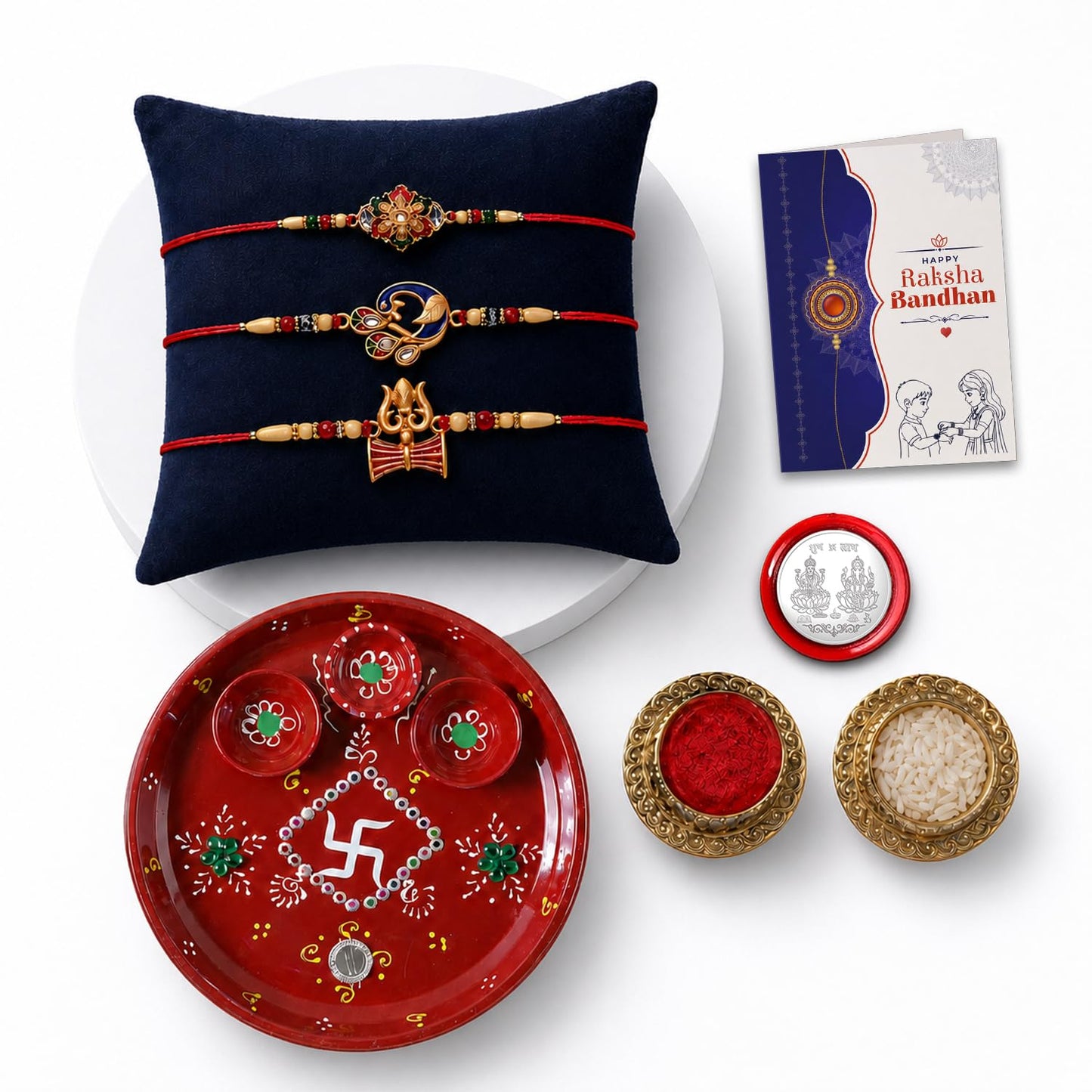 Designer Multicolor Flower, Peacock & Damru Rakhi Combo for Brother | Pack of 7