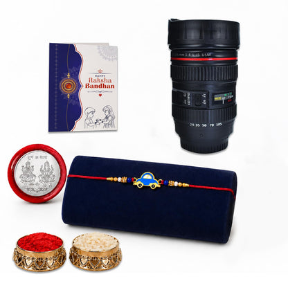Multicolor Kids Rakhi for bhaiya & Camera Lens Shape Coffee Mug with Tikka/Tilak