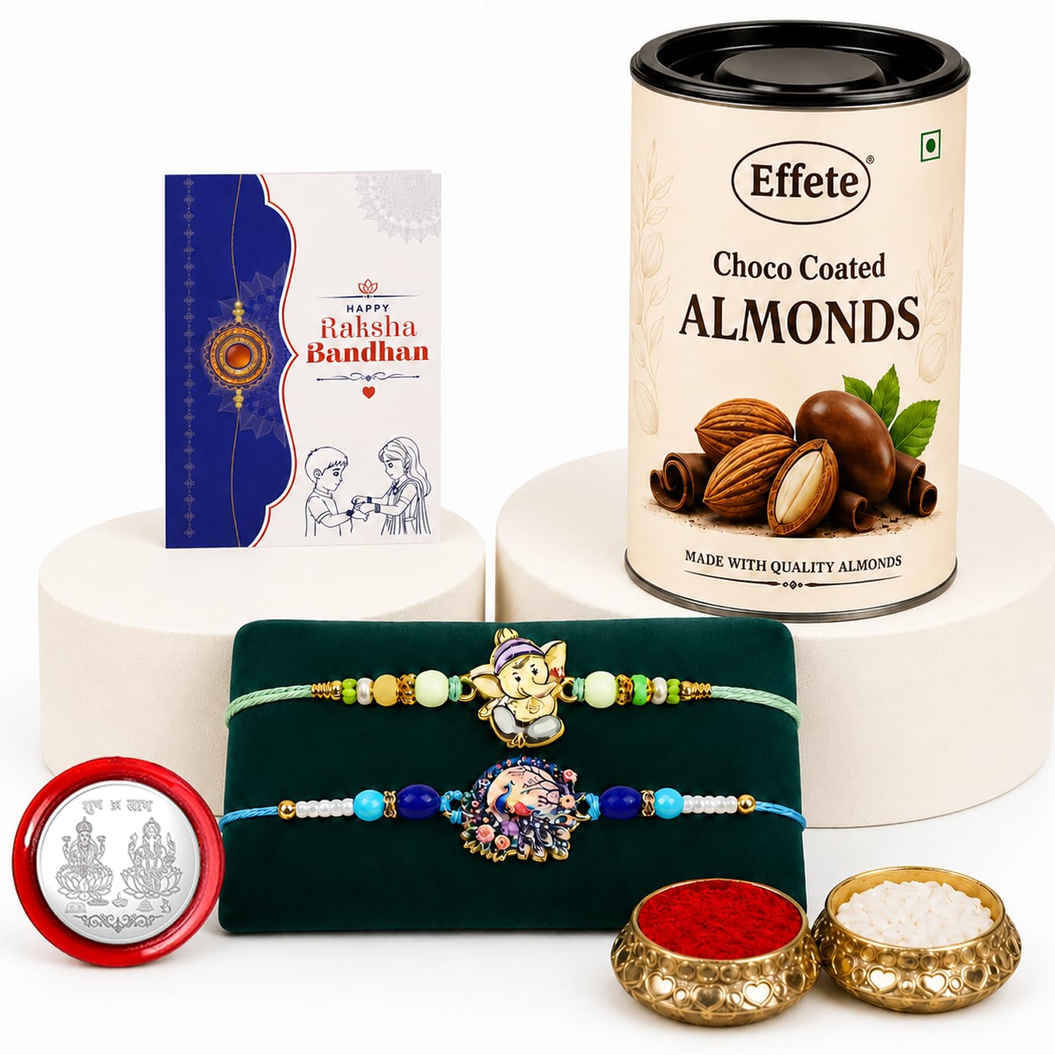 Ganesha, Peacock Rakhi Combo - Raksha Bandhan Gift with Choco Almonds 96gm, Pack of 6