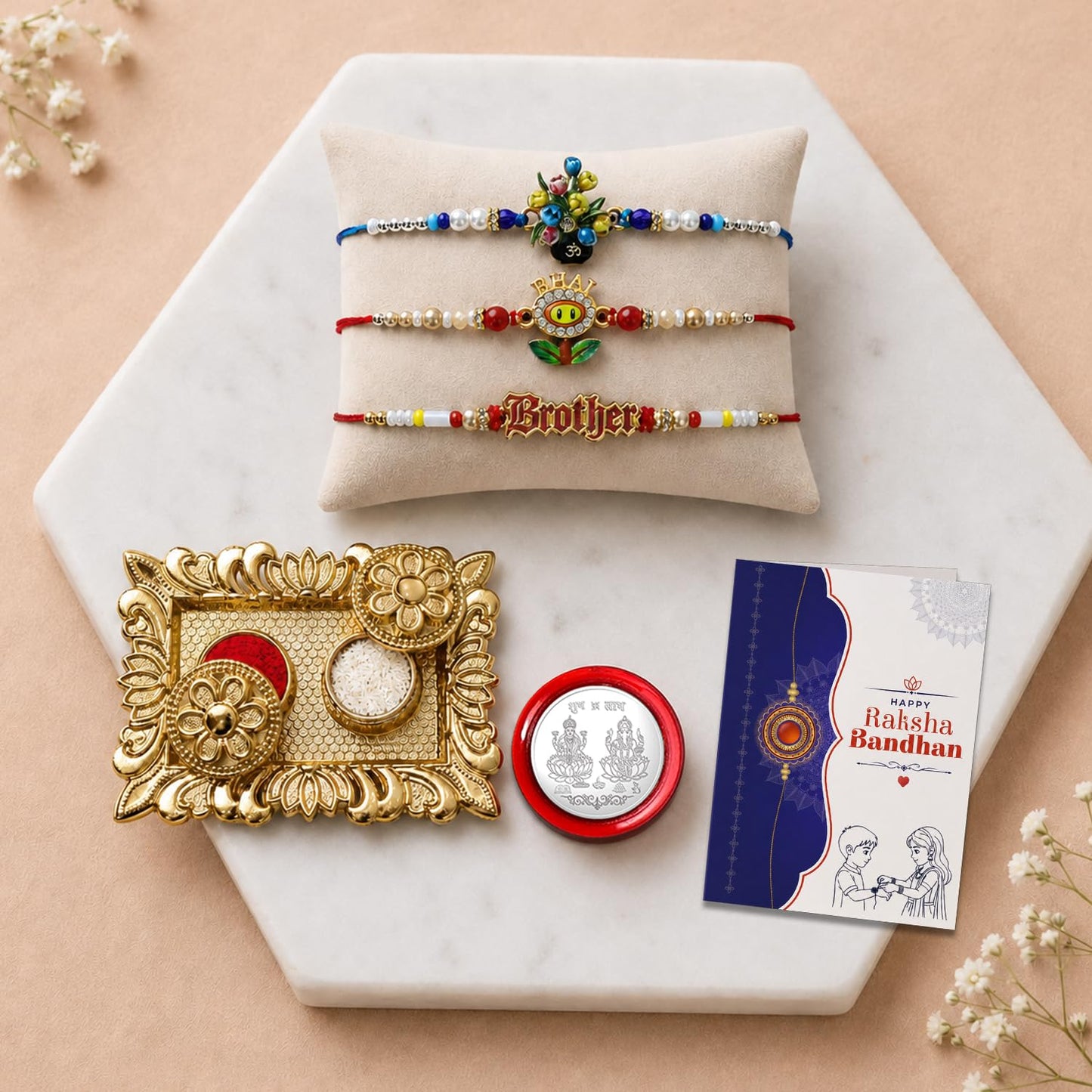 Flower Pot Rakhi for Brother with Pooja Thali, Roli Tikka & Card, Pack of 7