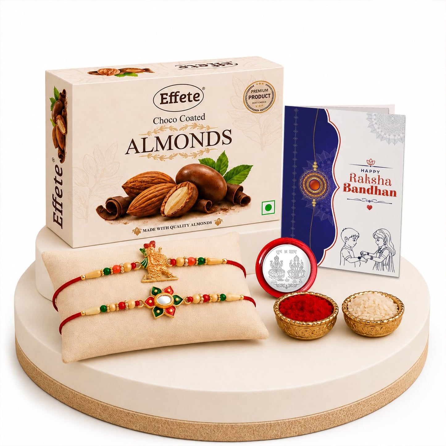 Ganesha Rakhi for Brother with Choco Almonds 32gm, Roli Tikka & Card, Pack of 6