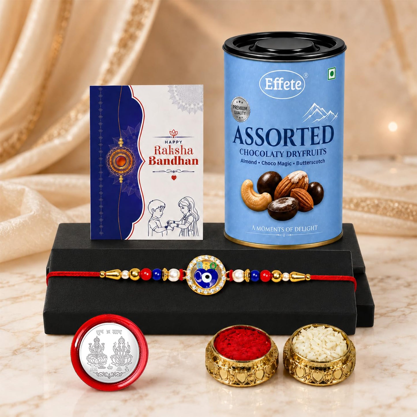 Evil Eye Rakhi for Brother with Choco Dryfruits 96gm, Coin & Card, Pack of 5