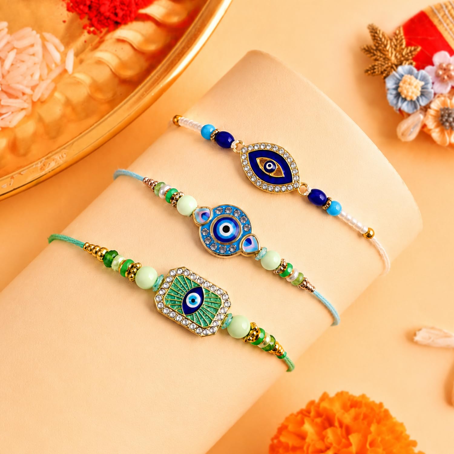 Designer Rakhi for Brother with Roli Chawal, Pooja Coin & Card, Pack of 3