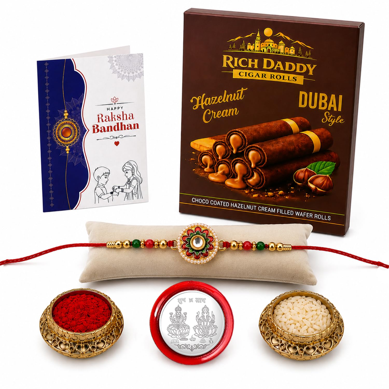 Round Rakhi for Brother with Hazelnut Wafer Rolls, Roli Tikka & Card, Pack of 5