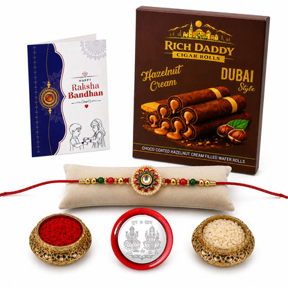 Round Rakhi for Brother with Hazelnut Wafer Rolls, Roli Tikka & Card, Pack of 5
