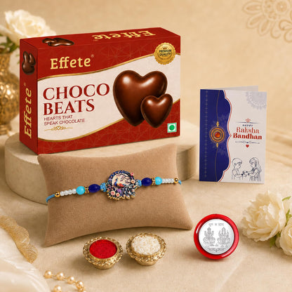 Peacock Rakhi for Brother with Choco Beats 32gm, Roli Tikka & Card | Pack of 5