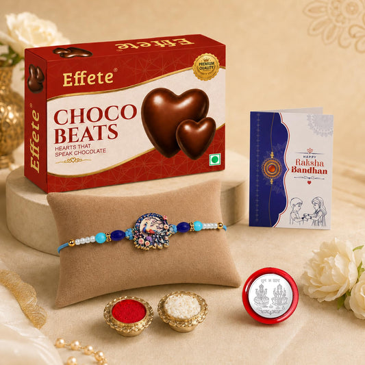 Peacock Rakhi for Brother with Choco Beats 32gm, Roli Tikka & Card | Pack of 5