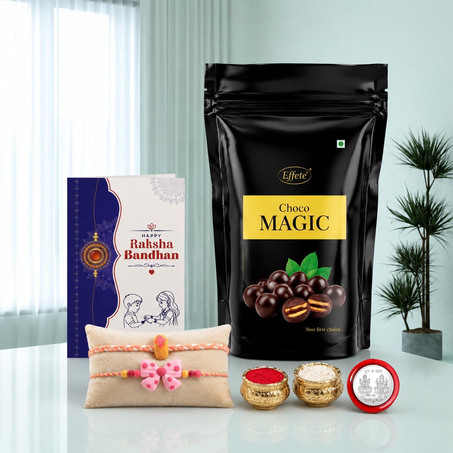 Bow Rakhi for Brother with Choco Magic Standy Pouch, Roli Tikka & Card, Pack of 6