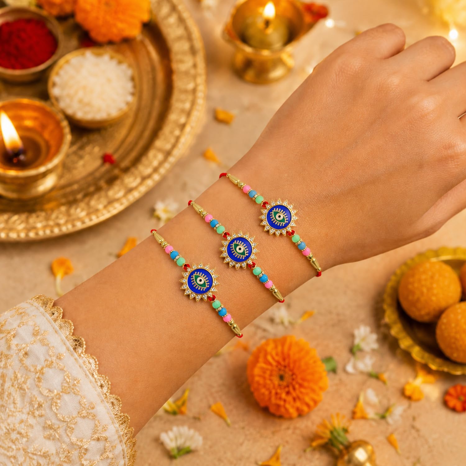 Designer Elegant Rakhi for Brother with Roli Tikka & Card, Pack of 3 | Premium