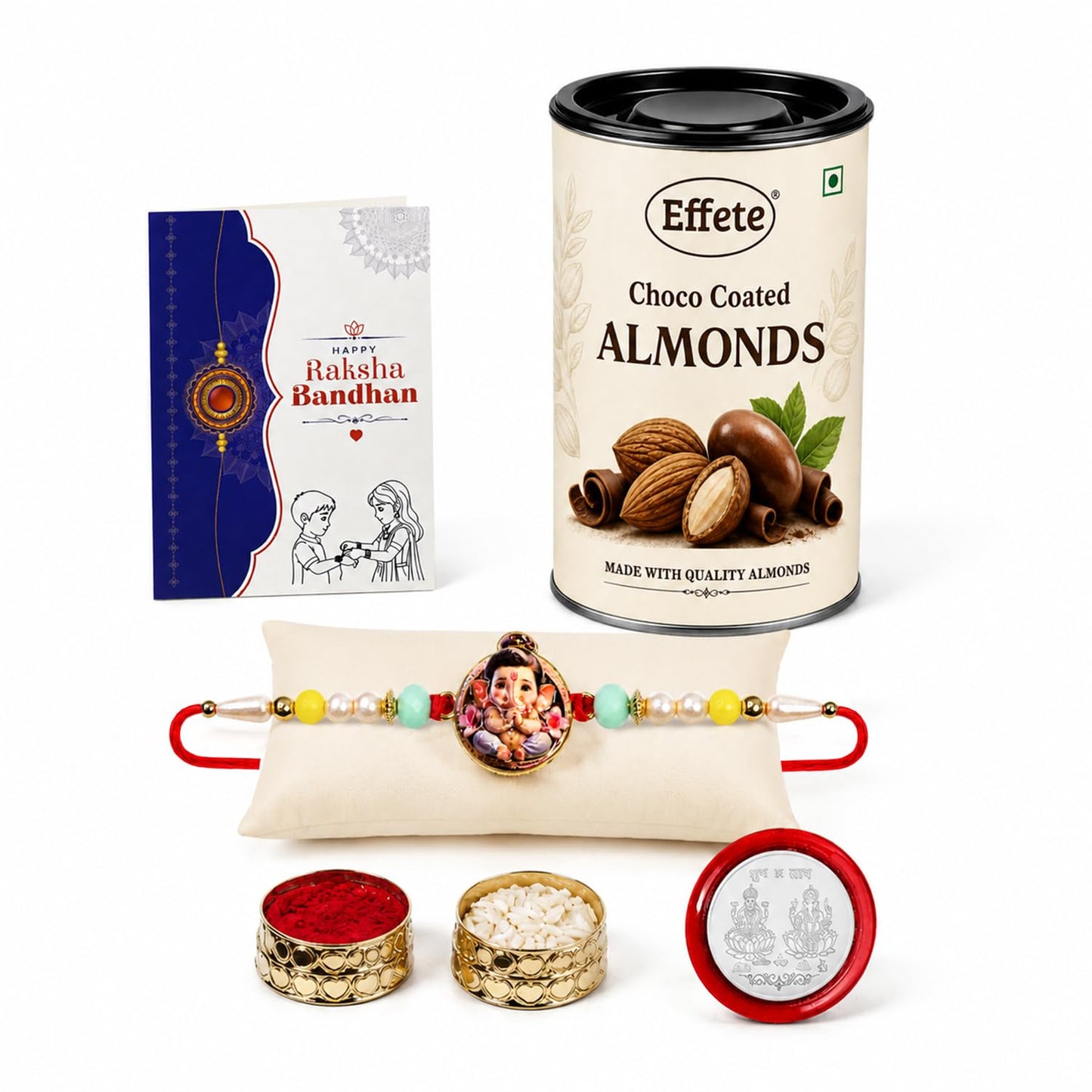 Little Ganesha Rakhi for Brother with Choco Almonds 96gm, Coin & Card, Pack of 5