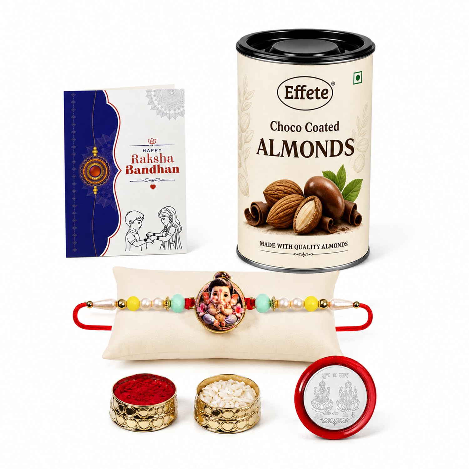 Little Ganesha Rakhi for Brother with Choco Almonds 96gm, Coin & Card, Pack of 5