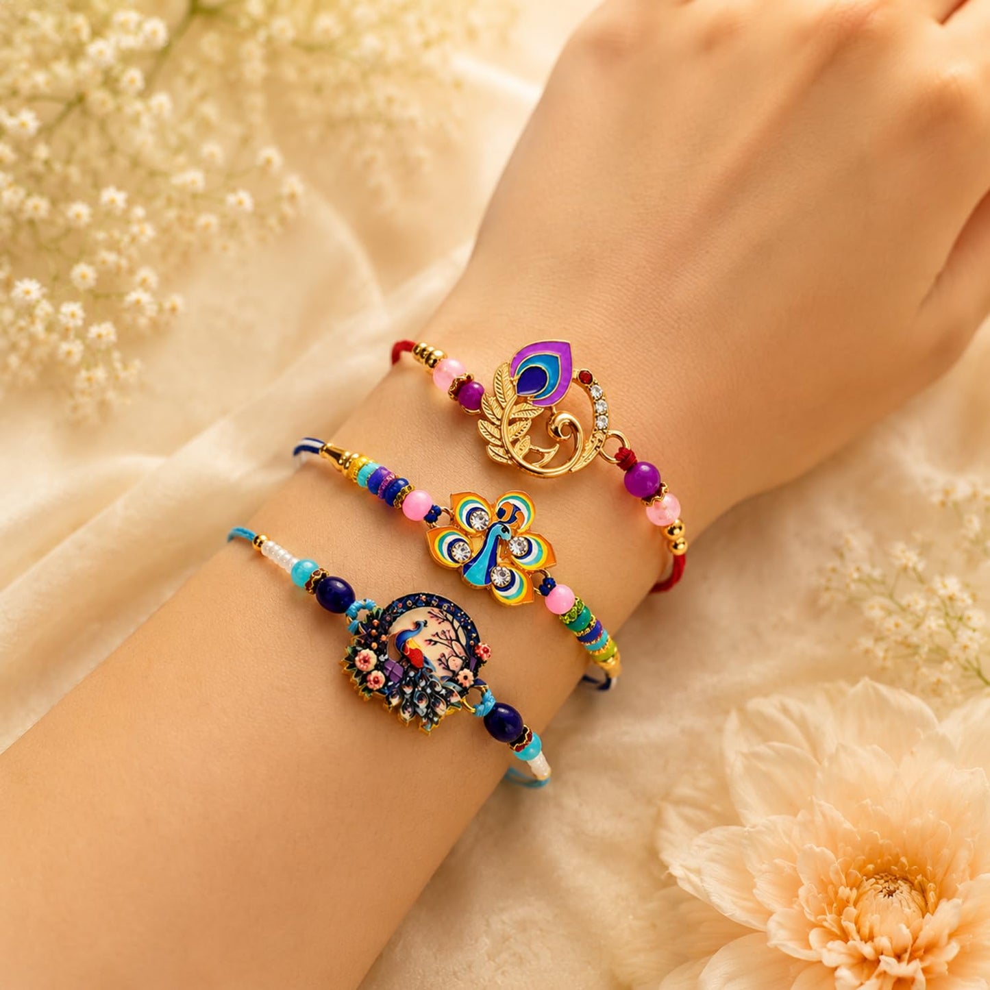 Designer Graceful Multicolor Peacock Rakhi for Brother with Roli Tikka, Pack of 6