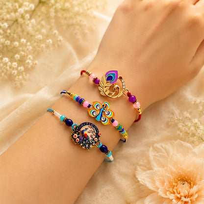 Designer Graceful Multicolor Peacock Rakhi for Brother with Roli Tikka, Pack of 6