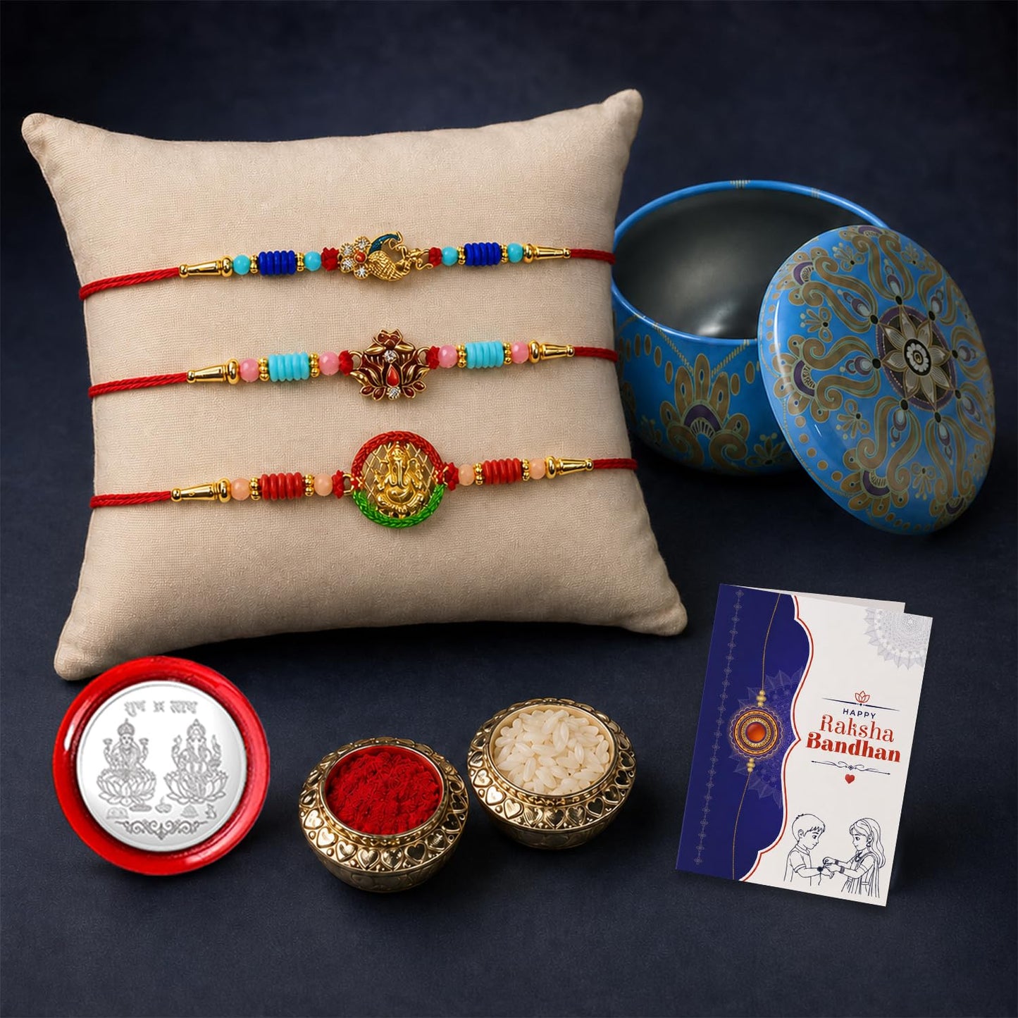 Designer Multicolor Peacock, Lotus & Ganesha Rakhi Combo for Brother | Pack of 7