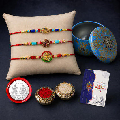 Designer Multicolor Peacock, Lotus & Ganesha Rakhi Combo for Brother | Pack of 7