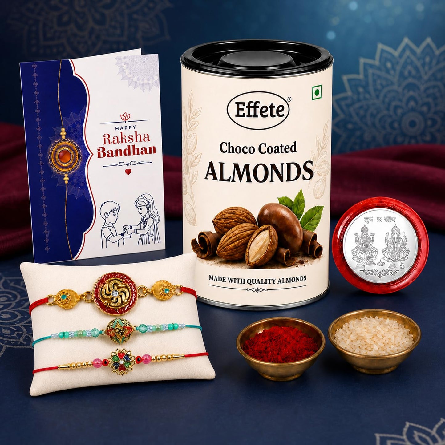 Floral Rakhi for Brother with Choco Almonds 96gm, Roli Tikka & Card, Pack of 7