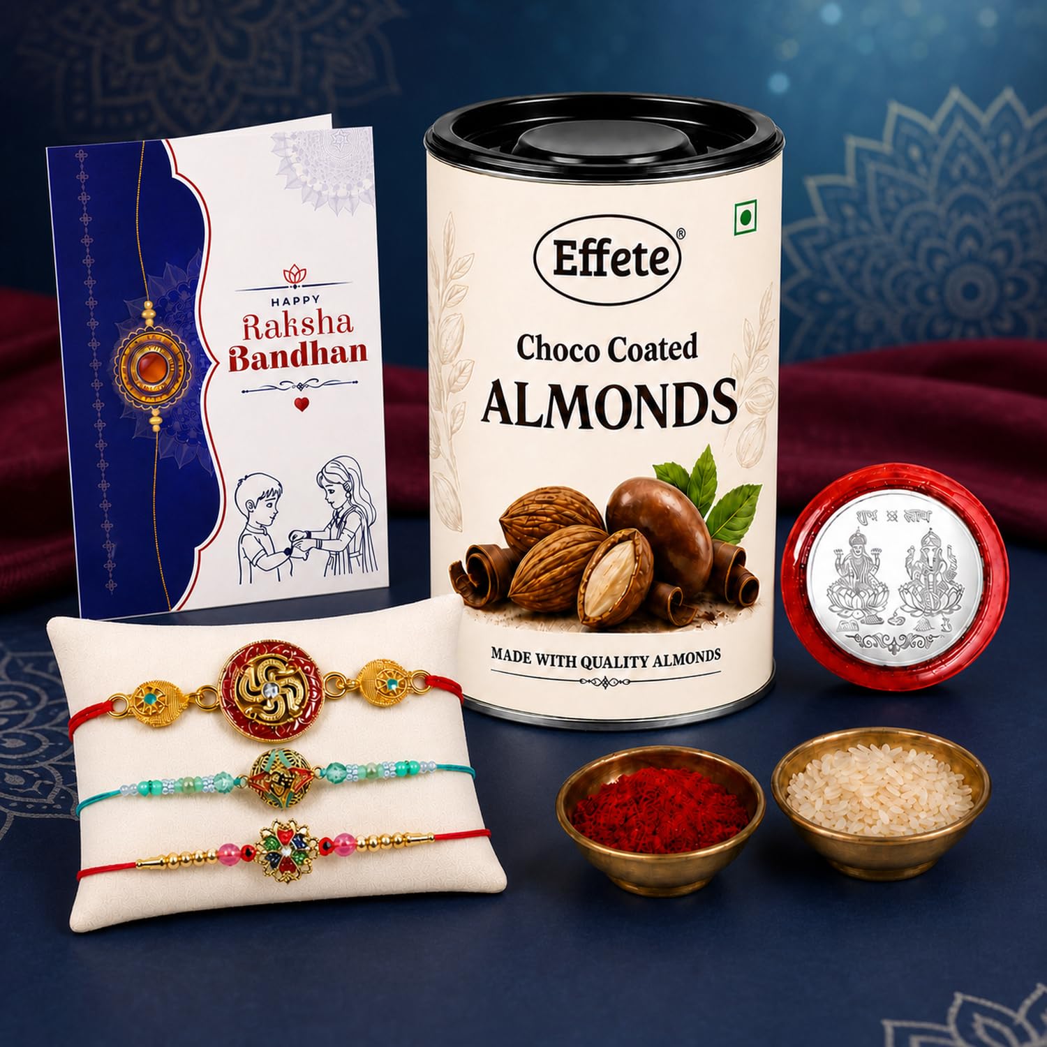 Floral Rakhi for Brother with Choco Almonds 96gm, Roli Tikka & Card, Pack of 7