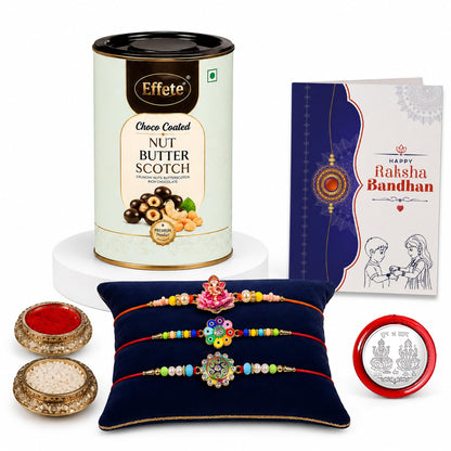Ganesha, Flower Rakhi Combo - Raksha Bandhan Gift with Choco Butterscotch 96gm, Pack of 7
