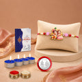Krishna Radha Rakhi for Brother with Candles 4pcs, Roli Tikka & Card, Pack of 5