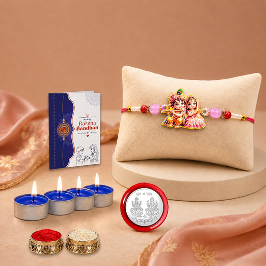 Krishna Radha Rakhi for Brother with Candles 4pcs, Roli Tikka & Card, Pack of 5