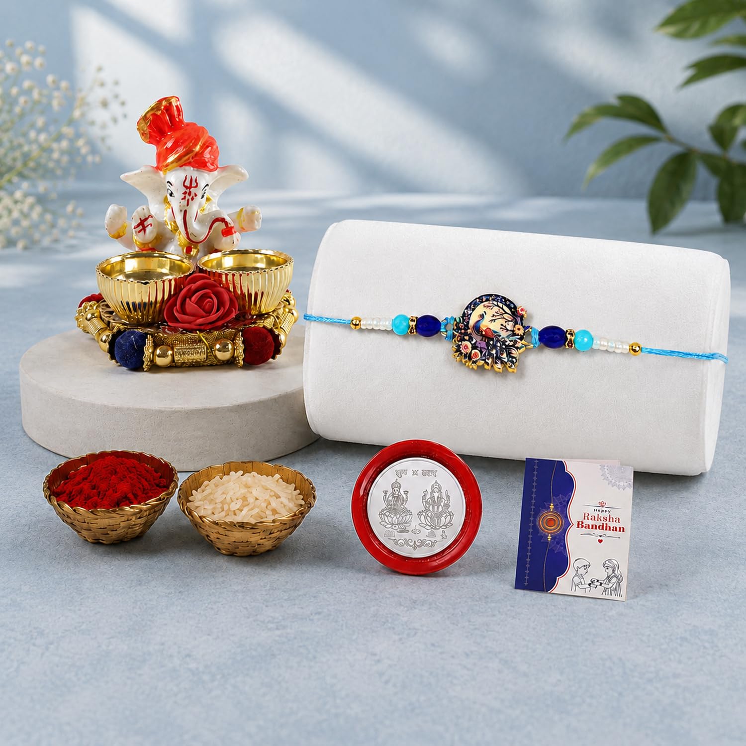 Peacock Multicolor Rakhi for Brother & Bhaiya with Ganesha Pooja | Pack of 5