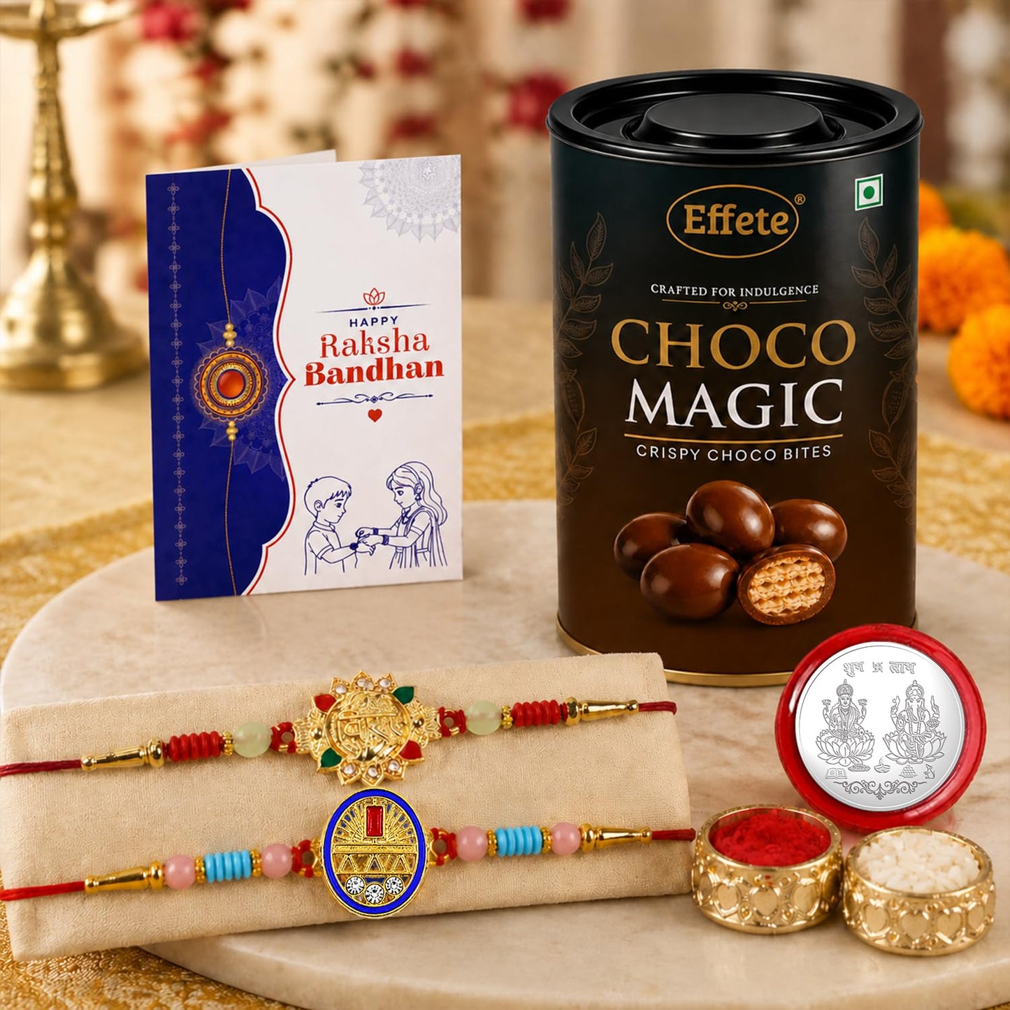 Om Rakhi for Brother with Chocolate Magic 96gm, Roli Tikka & Card | Pack of 6