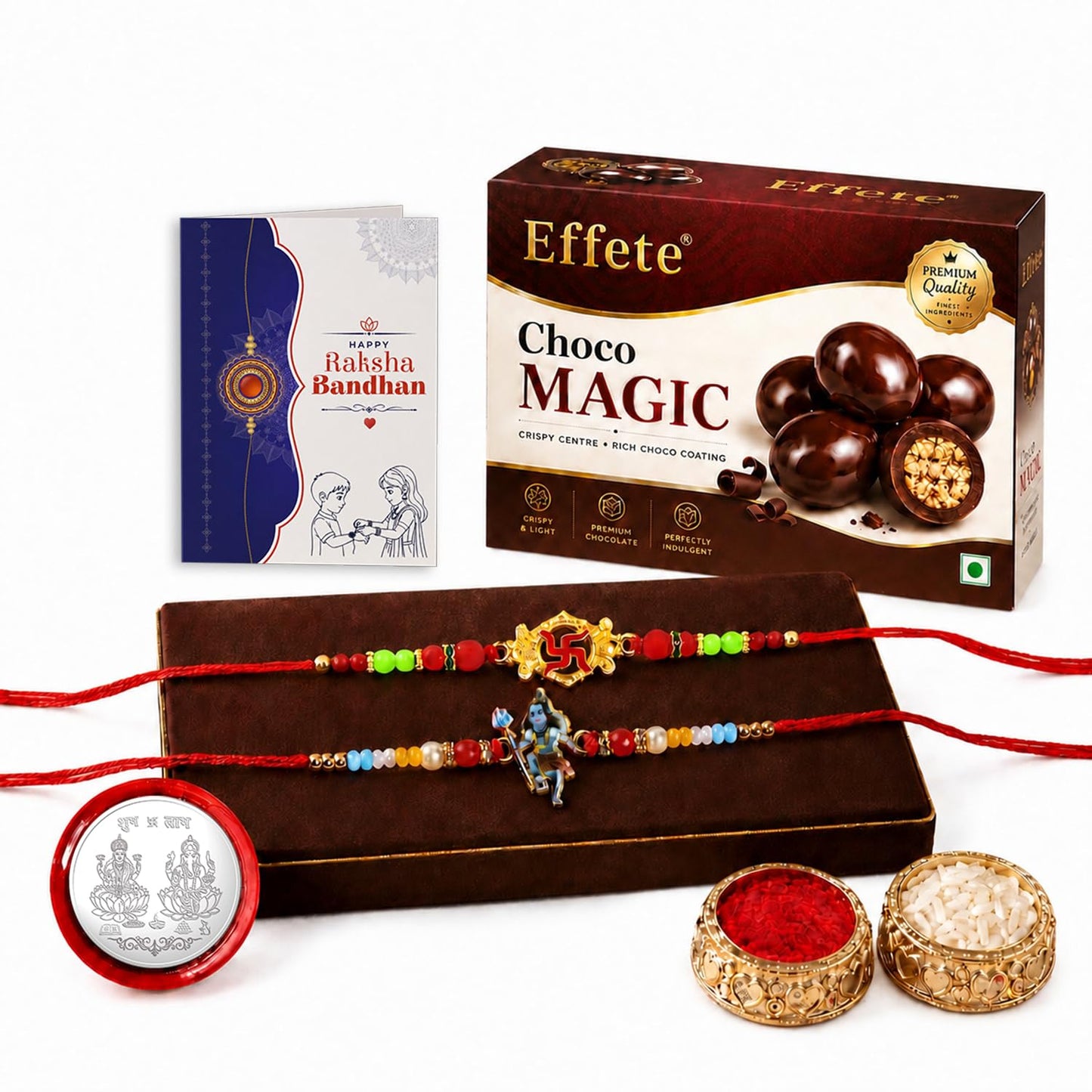 Rakhi with Chocolate for Brother (Set of 6) – Raksha Bandhan Festival Celebration Combo with Shiv Ji & Swastik Design Rakhi, Chocolate, Roli Chawal, Silver Color Pooja Coin & Greeting Card