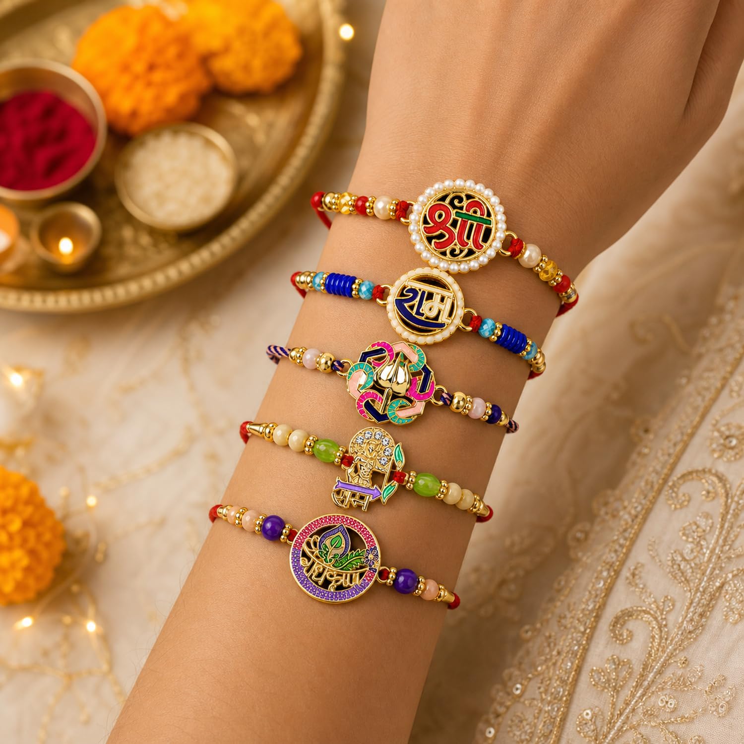 Designer Divine Rakhi for Brother with Roli Tikka, Pooja Coin & Card, Pack of 8