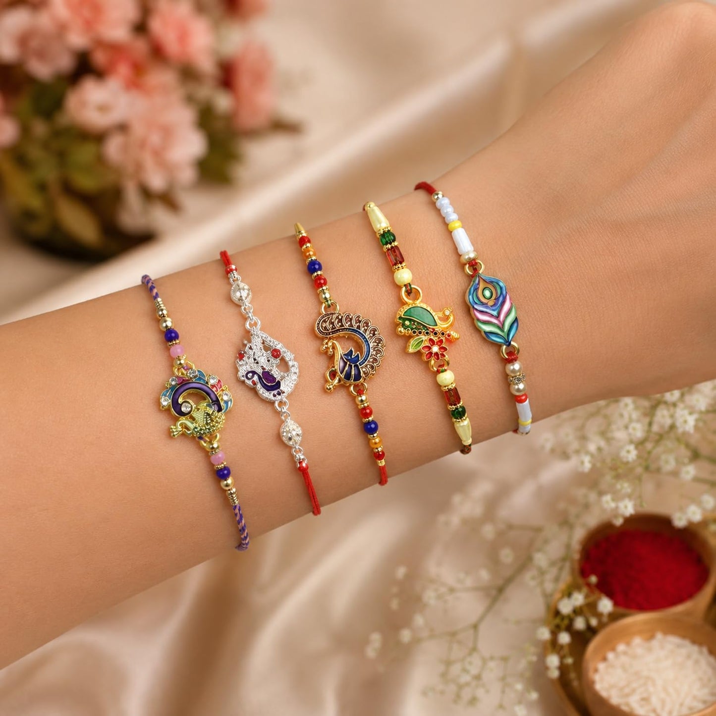 Handcrafted Exquisite Rakhi for Brother with Roli Tikka & Card, Pack of 8