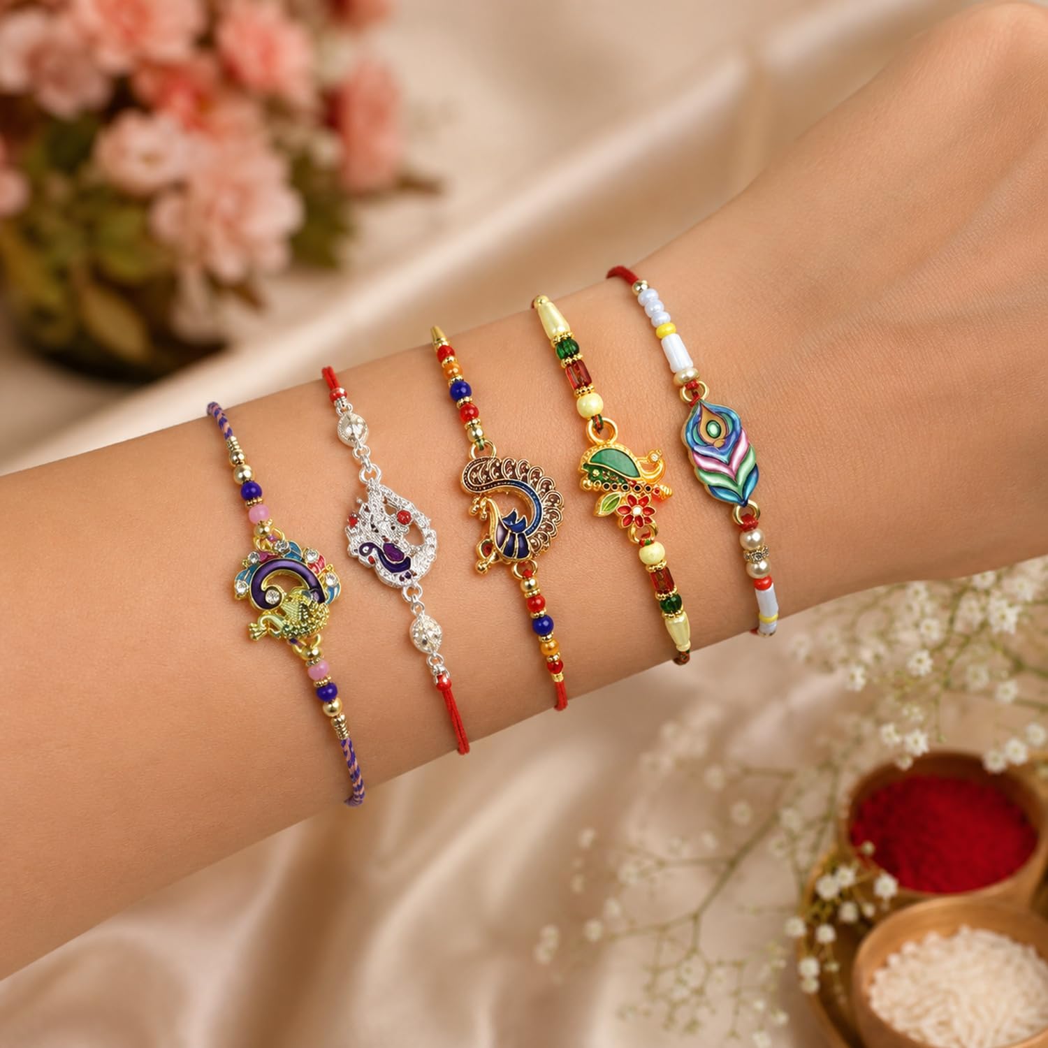 Handcrafted Exquisite Rakhi for Brother with Roli Tikka & Card, Pack of 8