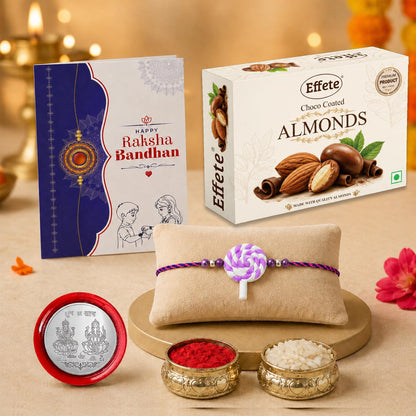 Candy Rakhi for Brother with Choco Almonds 32gm, Roli Chawal & Card, Pack of 5