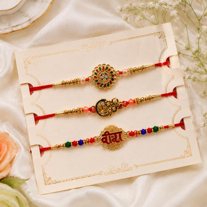 Full view of the Flower Rakhi for Brother gift set with pooja thali, roli, and chawal.