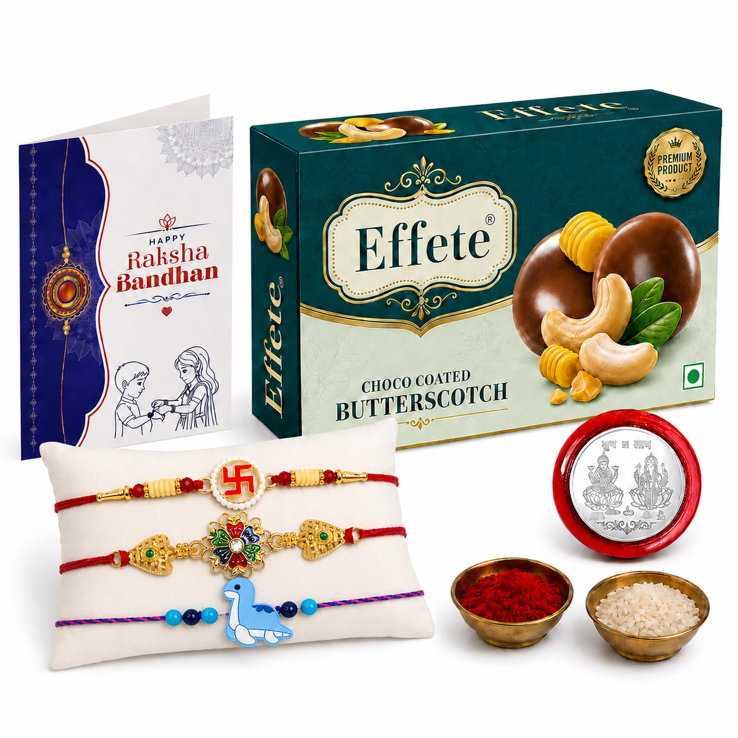 Floral Motif Rakhi for Brother with Butter Scotch 32gm, Coin & Card, Pack of 7