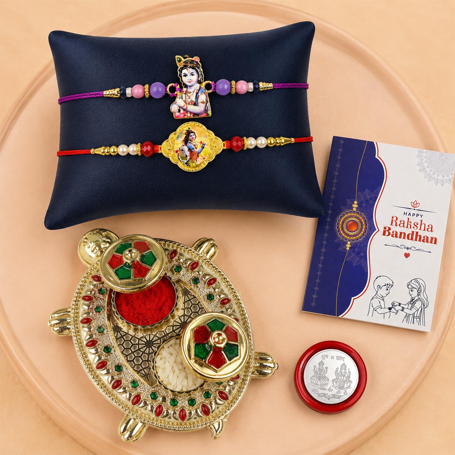 Multicolor Krishna, Krishna Bracelet/Rakhi & Turtle shape Pooja Thali with Silver Color Pooja Coin, Tikka/Tilak Set & Greeting Card, Rakhi Gift Hamper (Pack of 6) For Raksha Bandhan