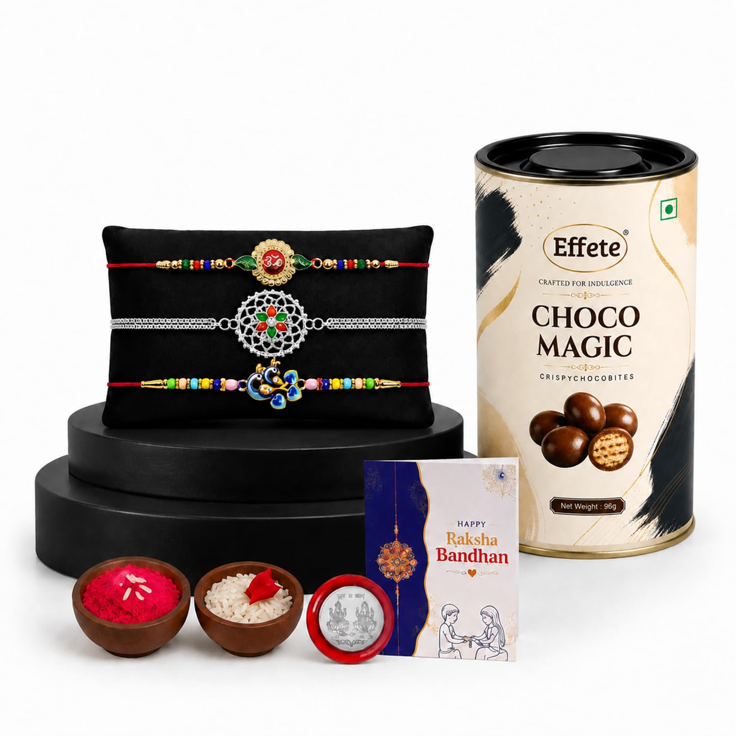 Om Rakhi for Brother with Choco Magic 96gm, Roli Tikka & Greeting Card, Pack of 7
