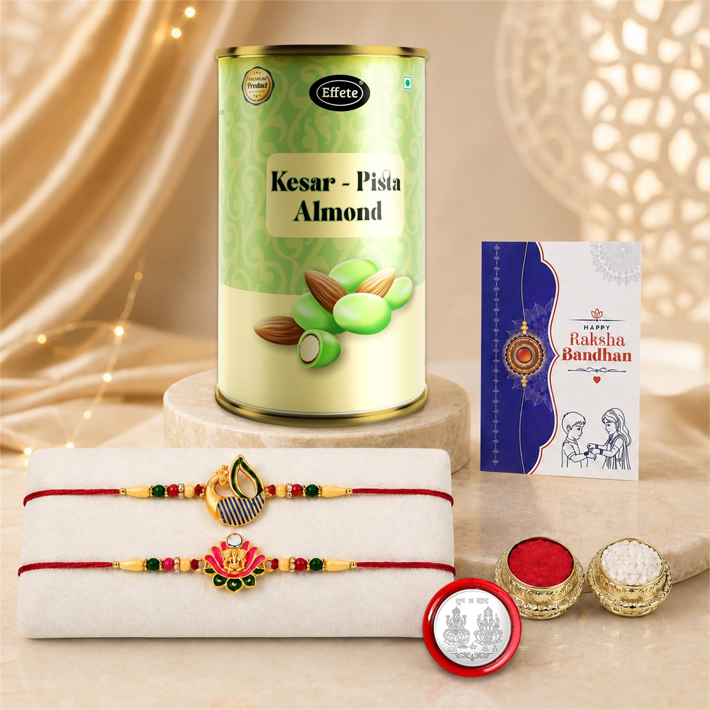 Peacock, Ganesha Multicolor Rakhi & Kesar-Pista Almond 96gm with Roli Chawal, Silver Color Pooja Coin & Greeting Card, rakhi combo for brother, Rakshbandhan Combo, Pack of 6 For Raksha Bandhan