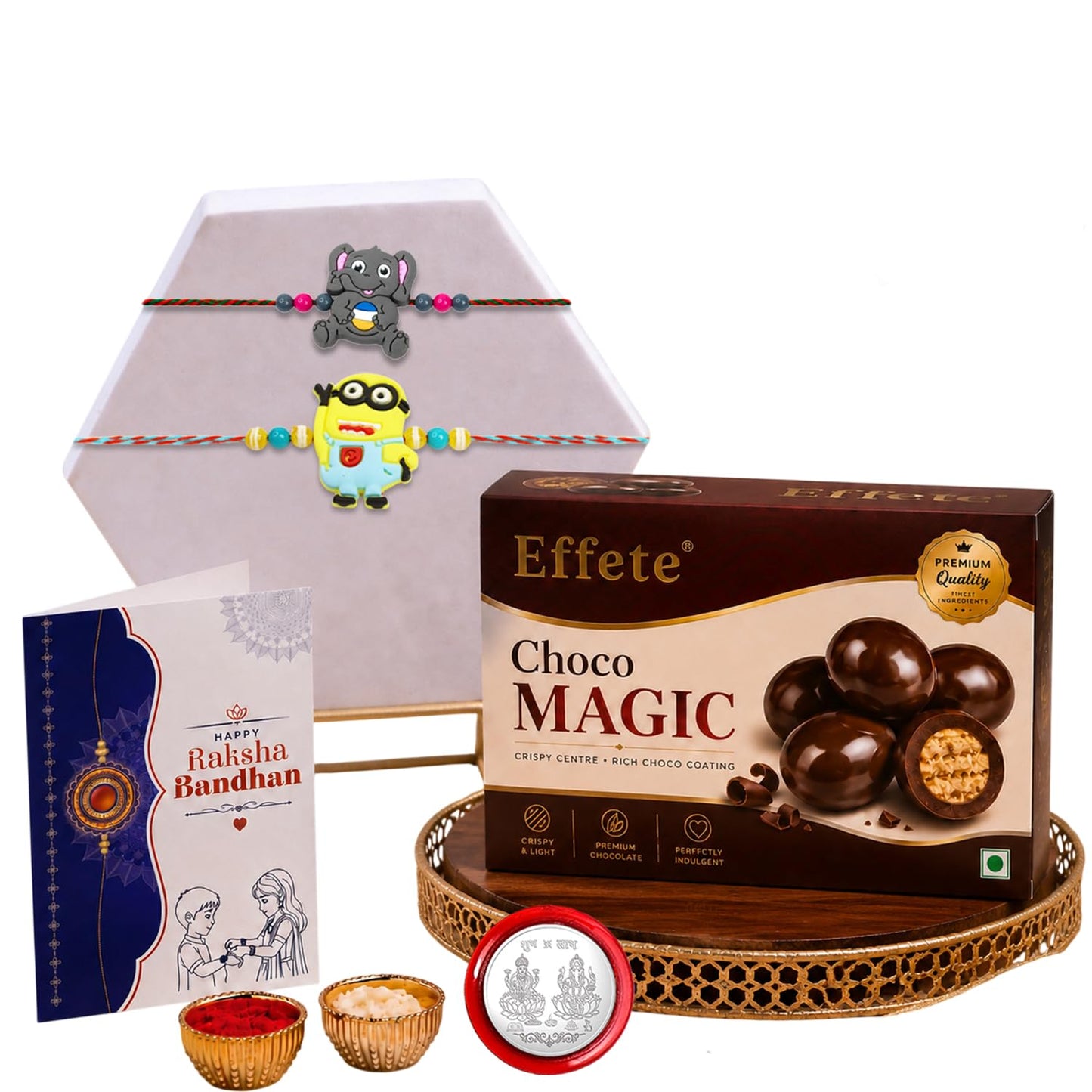 Elephant Rakhi for Brother with Choco Magic 96gm, Roli Tikka & Card, Pack of 6