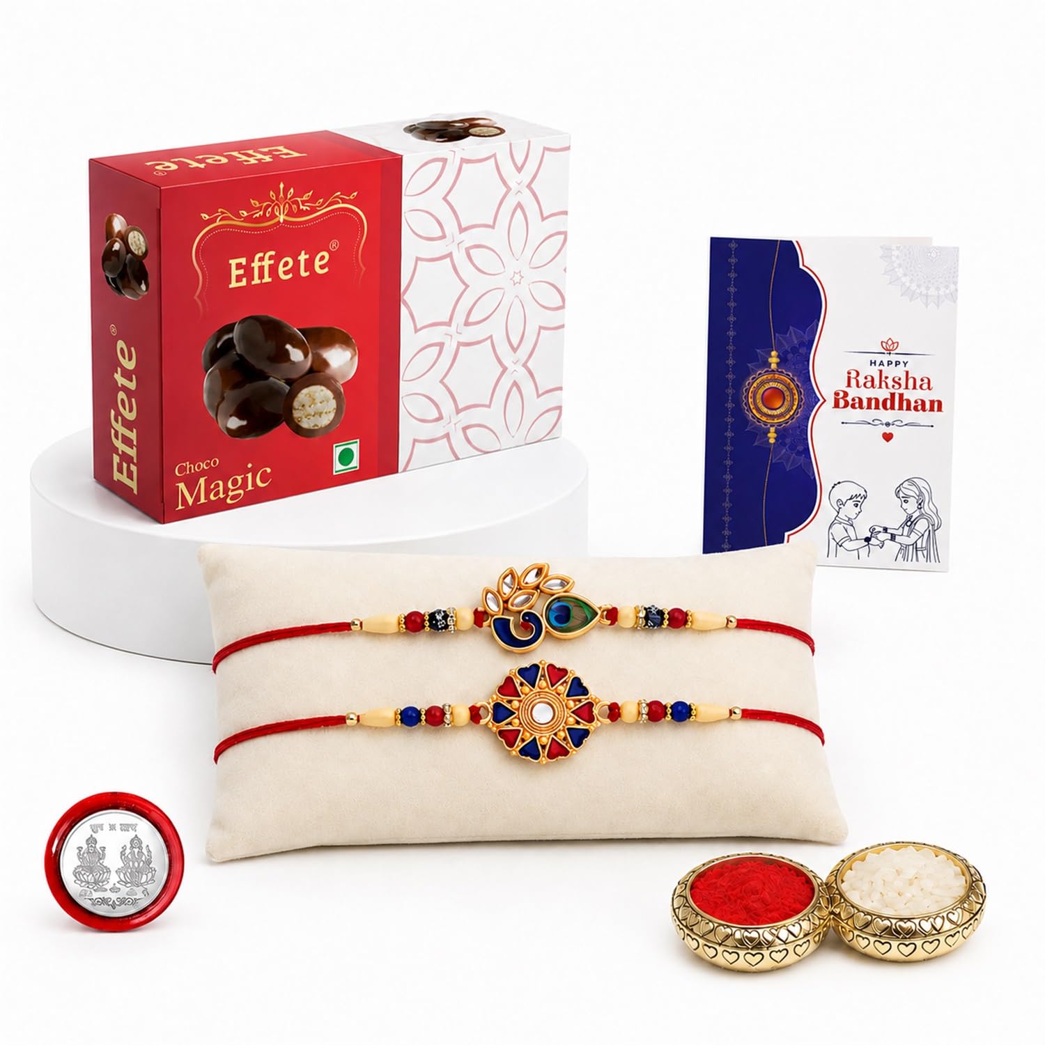 Peacock Rakhi for Brother with Choco Magic 32gm, Roli Tikka & Card | Pack of 6