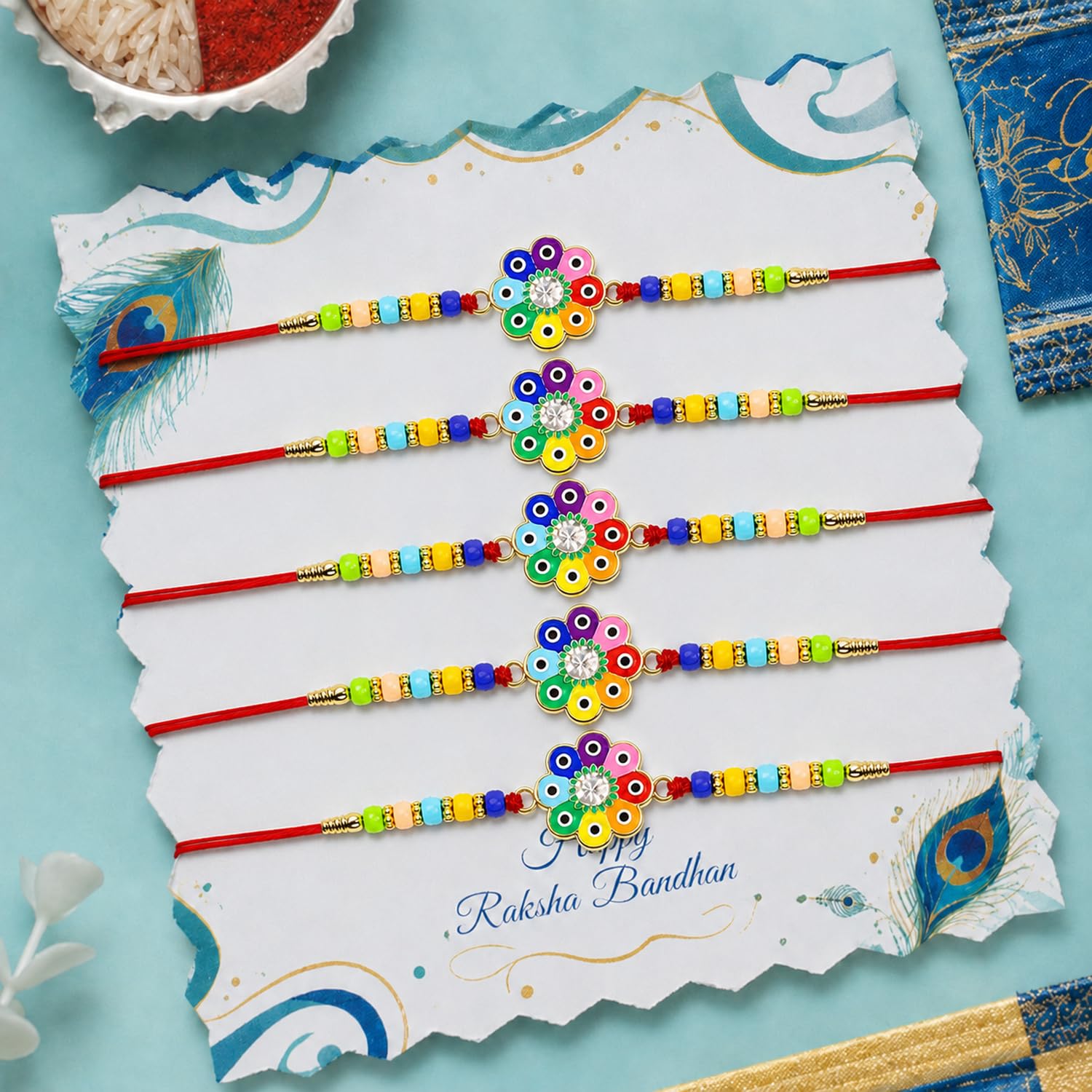 Designer Elegant Rakhi for Brother with Roli Tikka & Card, Pack of 5 | Trendy