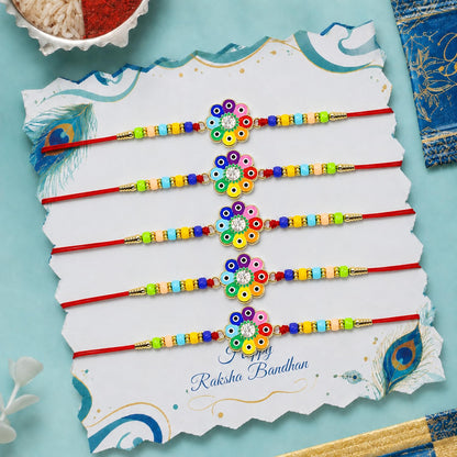 Designer Elegant Rakhi for Brother with Roli Tikka & Card, Pack of 5 | Trendy