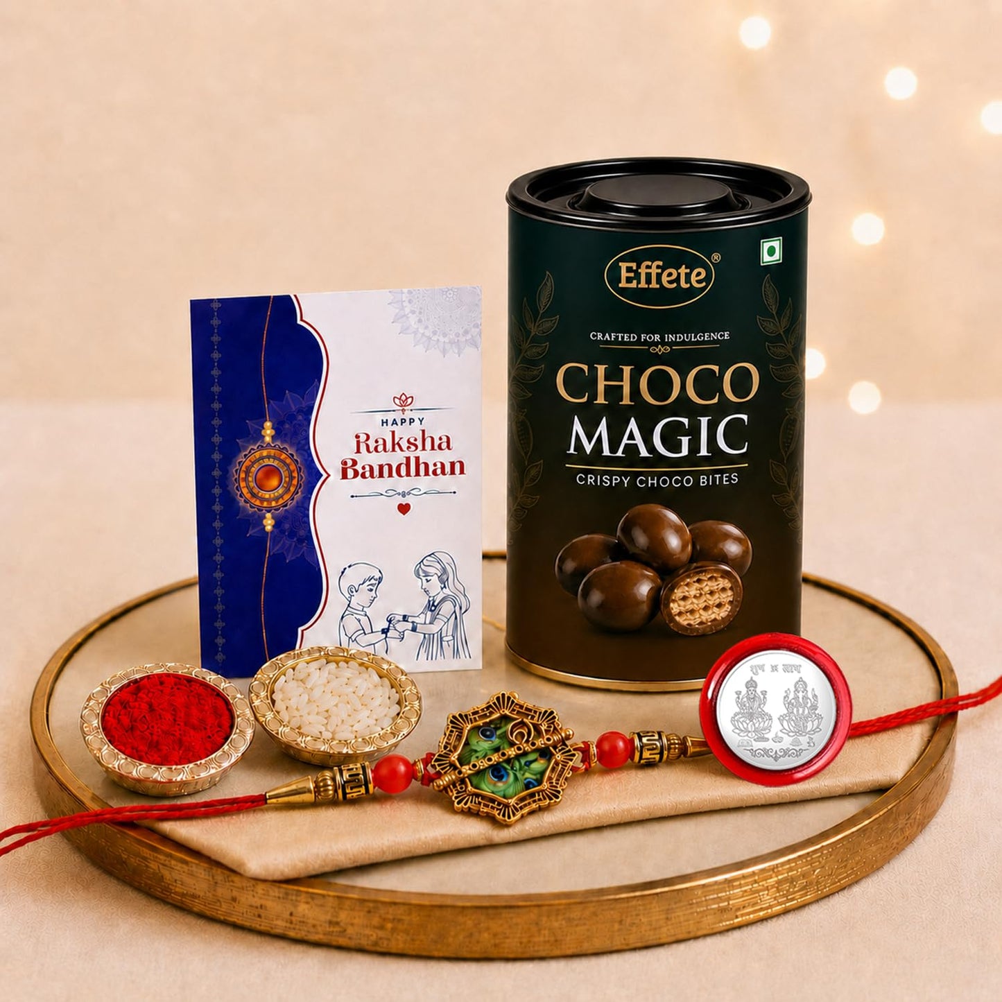 Octagon Shape Rakhi for Brother with Chocolate Magic 96gm, Coin & Card, Pack of 5