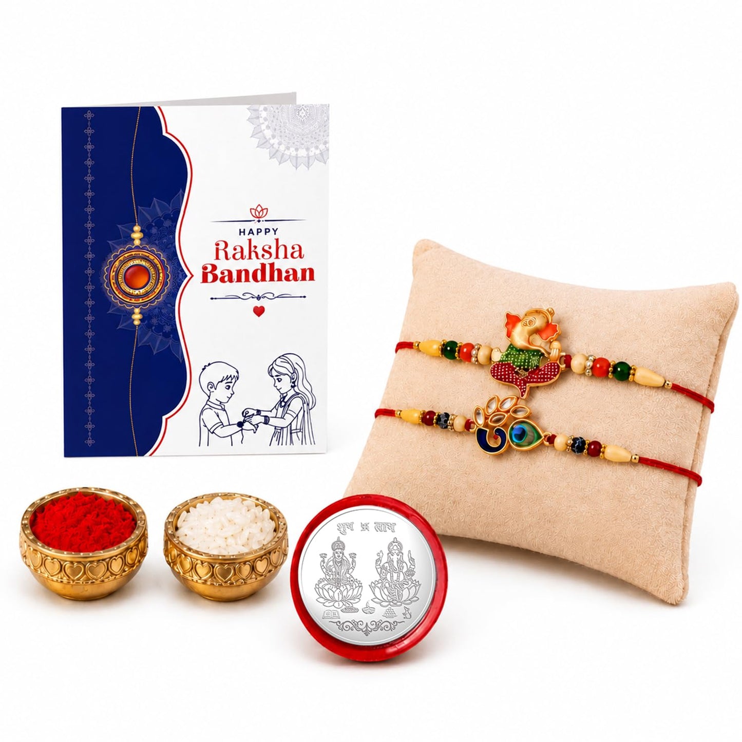 Flower Rakhi for Brother with Roli Tikka, Pooja Coin & Greeting Card, Pack of 5