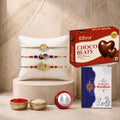 OM Rakhi for Brother with Choco Beats 32gm, Roli Tikka & Greeting Card, Pack of 7