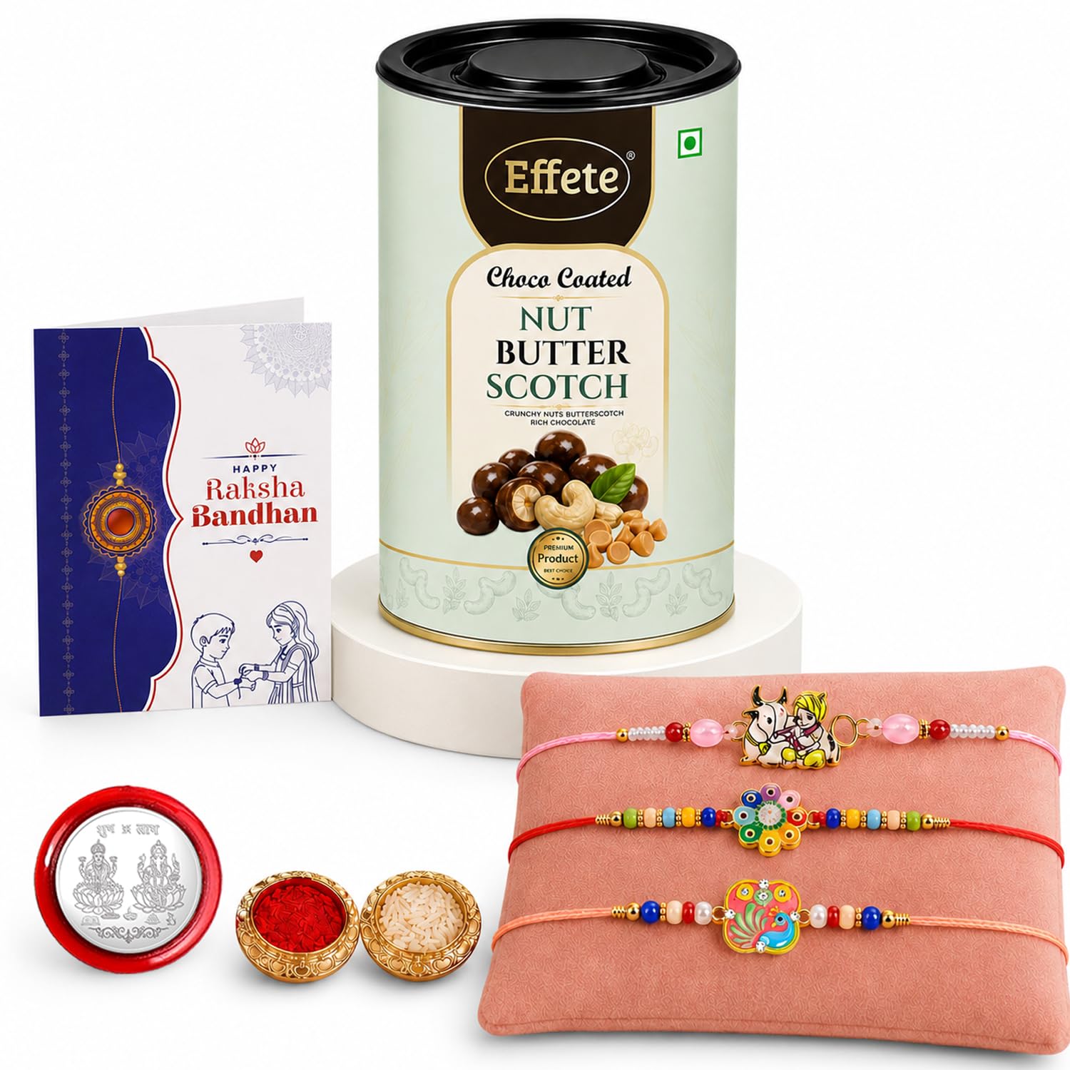 Krishna, Flower Rakhi Combo - Raksha Bandhan Gift with Choco Butterscotch 96gm, Pack of 7