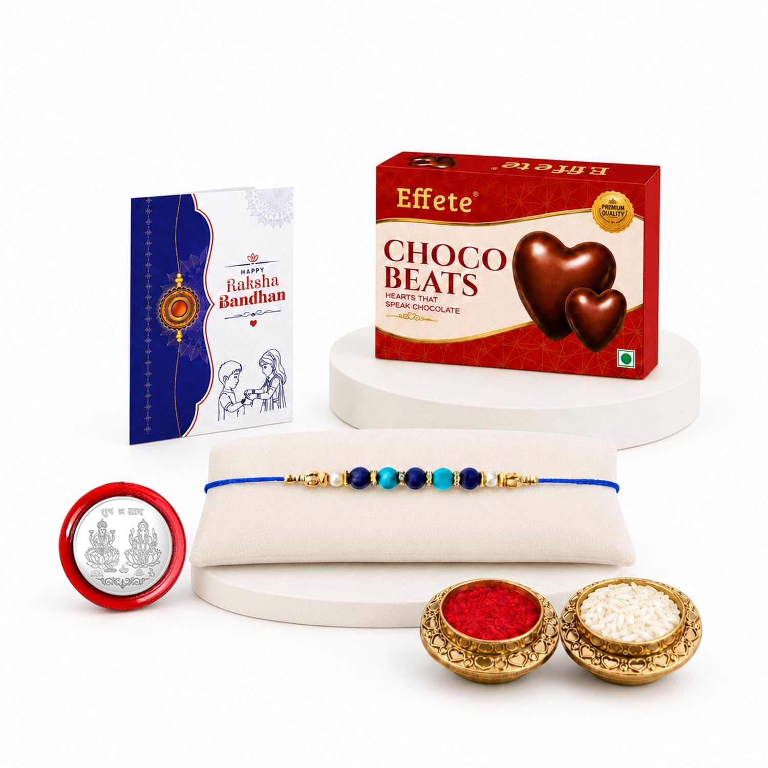 Multicolor Beads Rakhi for Brother with Choco Beats 32gm, Coin & Card, Pack of 5