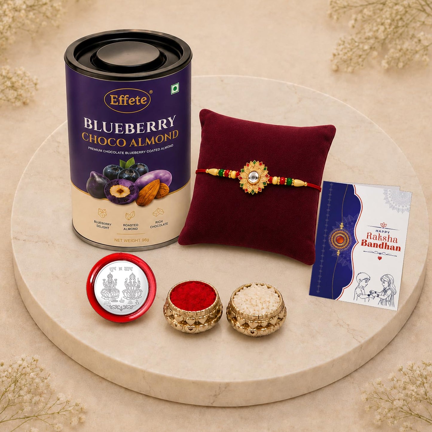 Designer Rakhi for Brother with Blueberry Almond 96gm, Coin & Card | Pack of 5